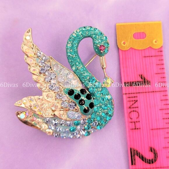 GLITTERING Blue Swan Brooch Pin - Picture 6 of 7